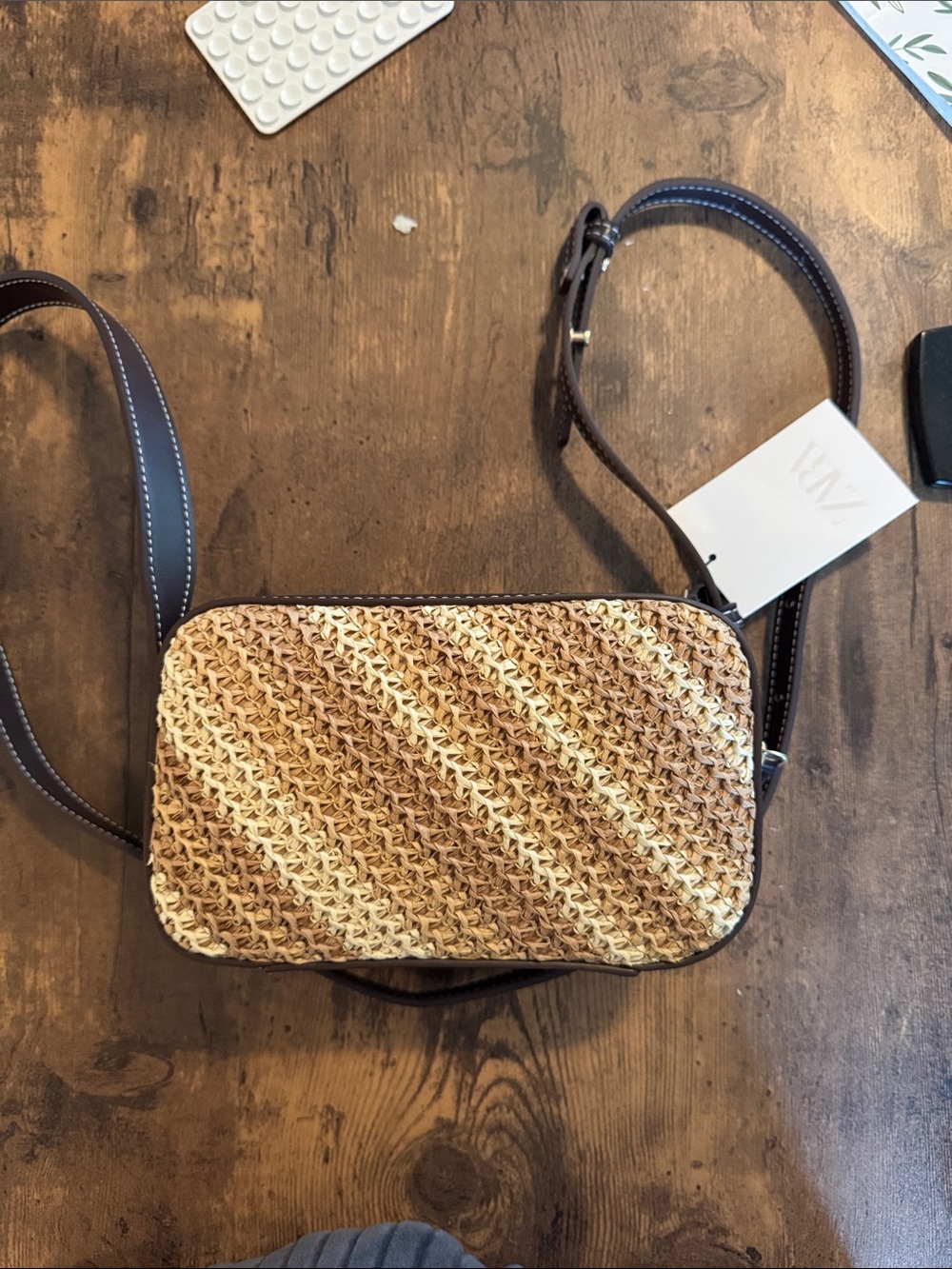 Zara Woven Straw Crossbody Bag with Dark Brown Strap